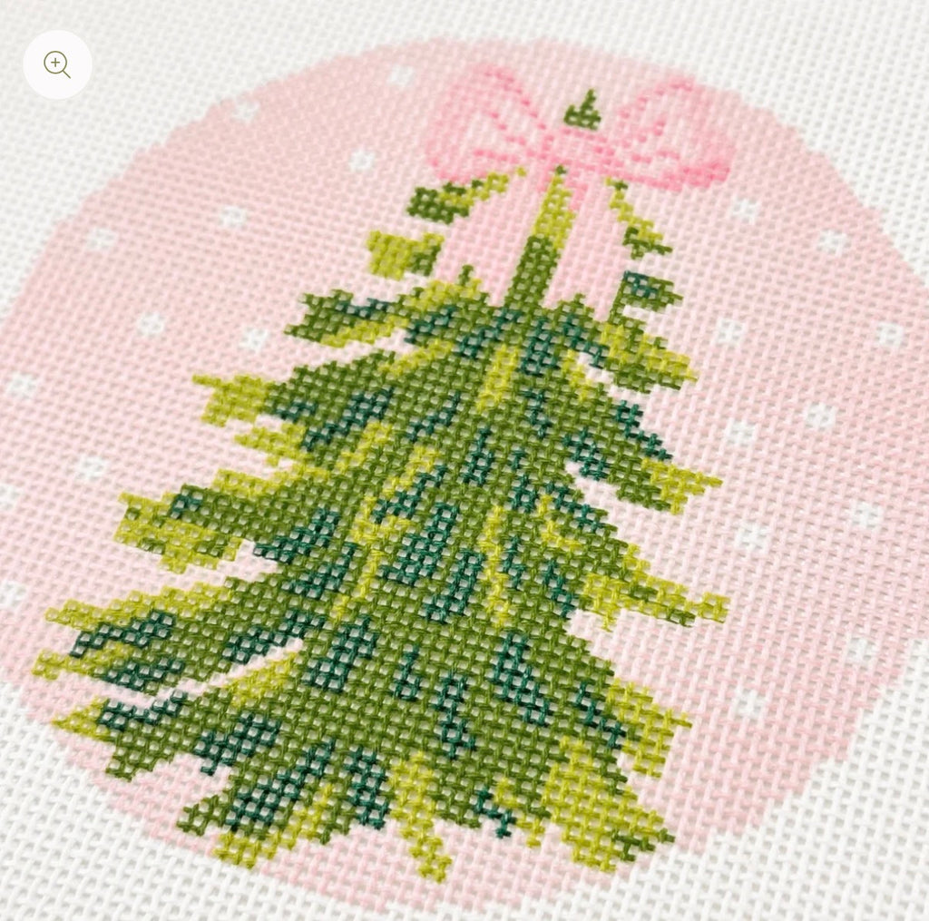 Hand Painted Bow Christmas Tree 4” Needlepoint Ornament Canvas 18 Mesh Christmas Needlepoint Ornament Bow Hand Painted