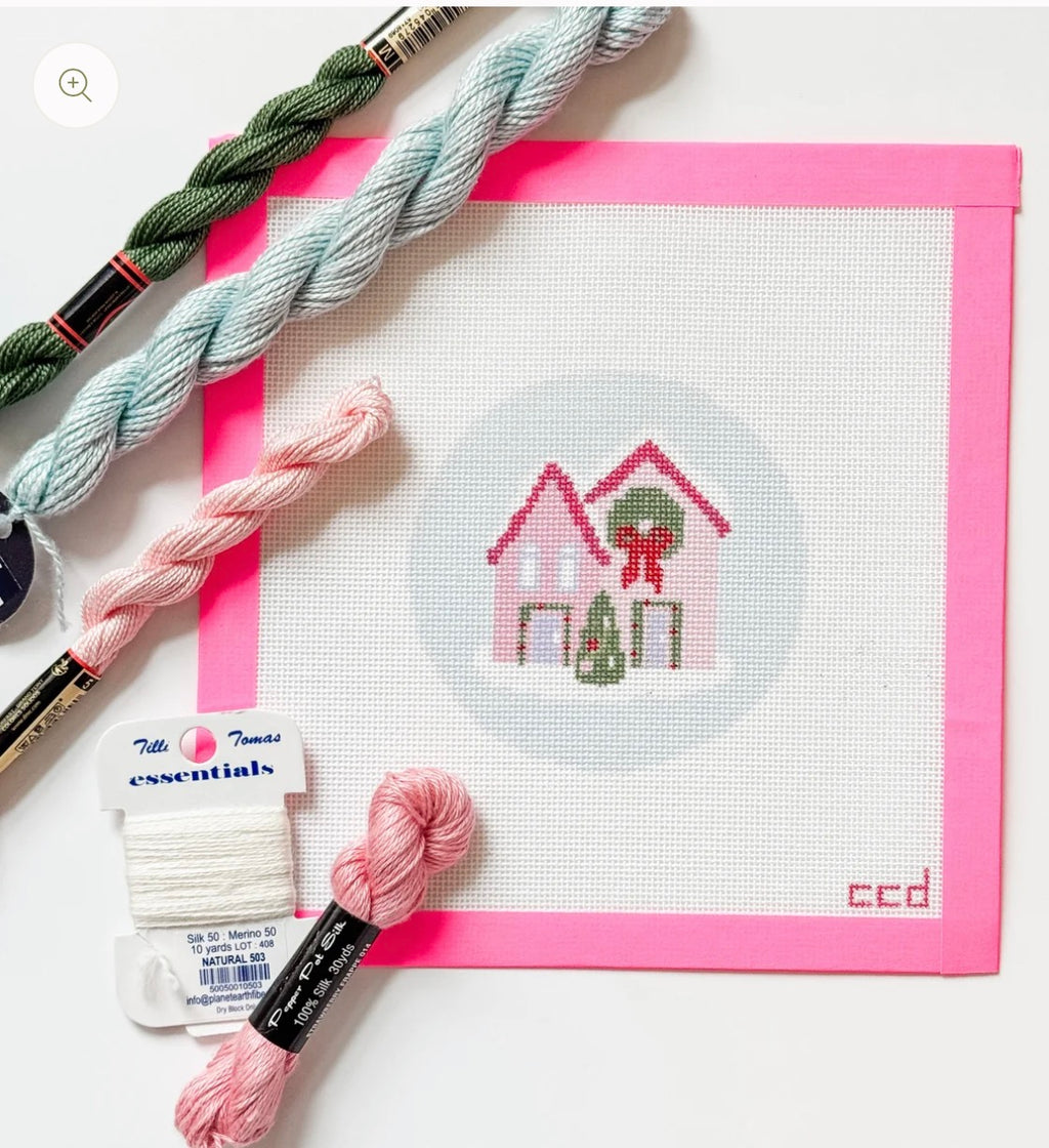 Christmas Houses Ornament Needlepoint Canvas 18 Mesh 4” Design, Christmas Round Ornament Needlepoint Canvas modern Hand Painted