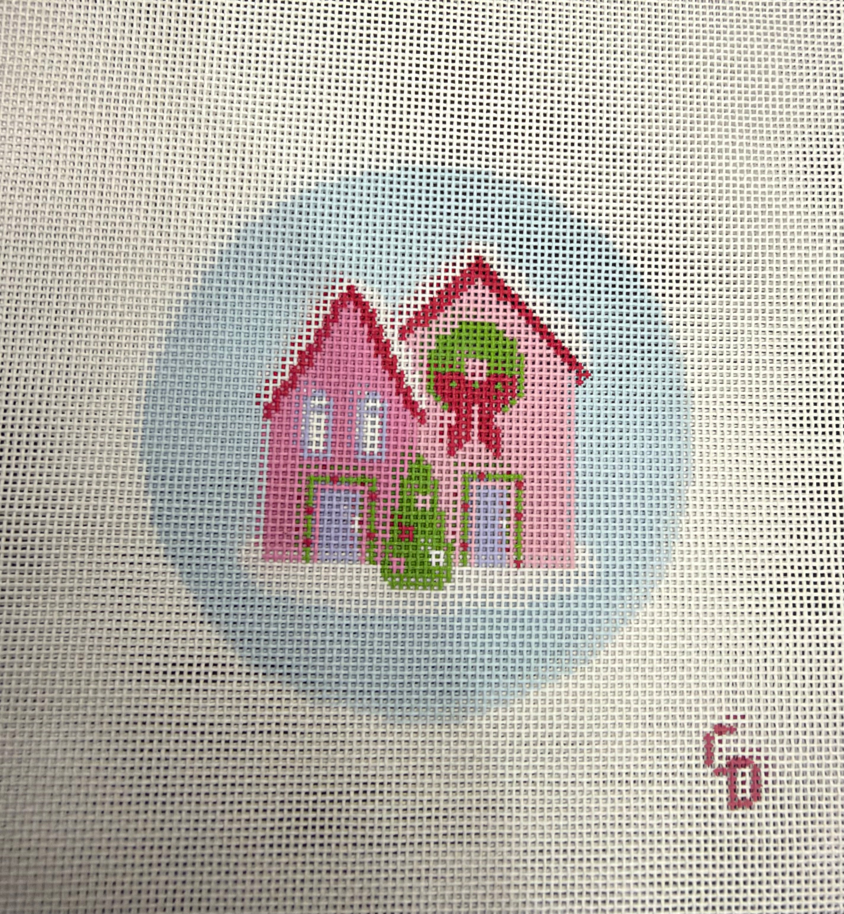 Christmas Houses Ornament Needlepoint Canvas 18 Mesh 4” Design, Christmas Round Ornament Needlepoint Canvas modern Hand Painted