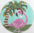 Flamingo w/ Palm Tree Ornament 3" Round Needlepoint Canvas
